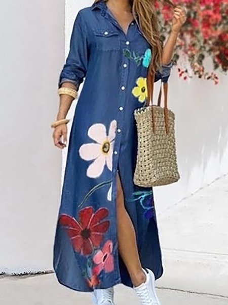 

Casual Floral Shirt Collar Dresses, Blue, Maxi Dresses