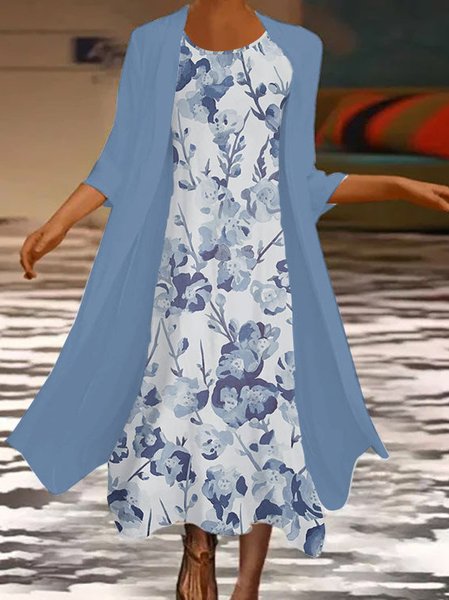 

Crew Neck Leaf Regular Fit Dresses, Blue, Midi Dresses