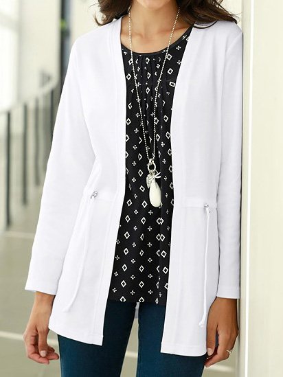 

V Neck Plain Casual Sweater Coat, White, Cardigans