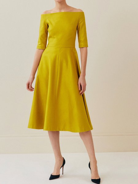 

Midi Three Quarter Elegant Regular Fit Cold Shoulder Dress, Yellow, Midi Dresses