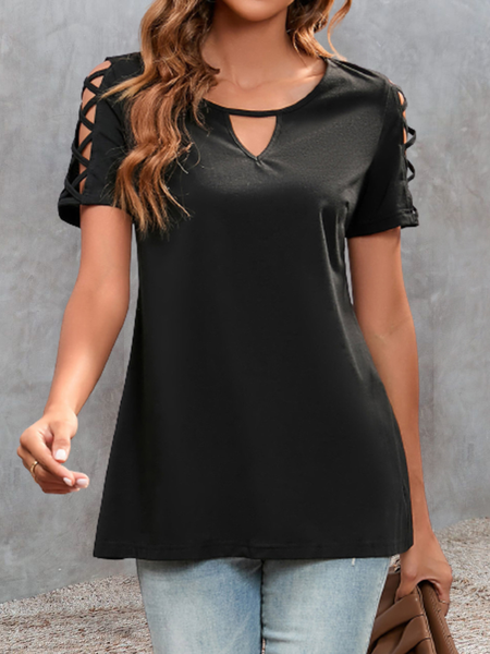 

Cross Strap Black Keyhole Neckline T Shirt, Tops