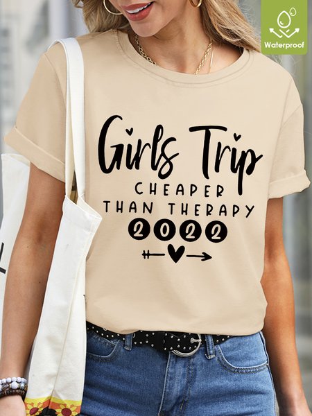 

New Year Top Girls Trip 2022 Therapy Casual Loose Crew Neck T-Shirt, Khaki, T-shirts