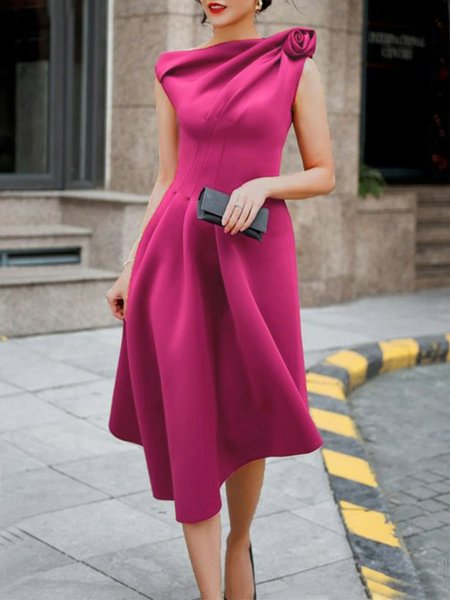 

Elegant Sleeveless Plain Asymmetrical Midi Dress, Rose red, Midi Dresses