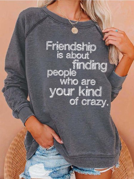 

Women Friendship Letters Graphic Casual Crew Neck Cotton Sweatshirts, Gray, Hoodies&Sweatshirts