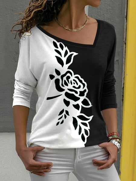 

JFN Asymmetrical Neck Floral Rose Color Block Casual Long Sleeve Top T-shirt/Tee, Multicolor, T-Shirts