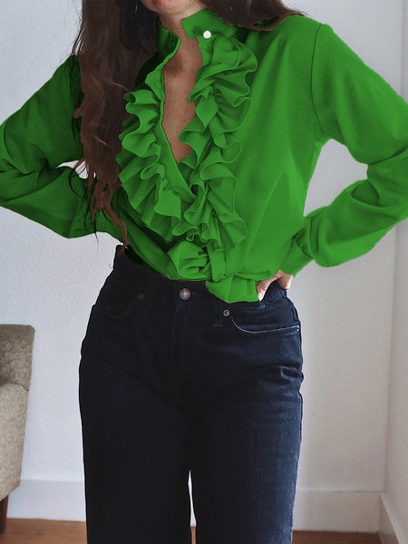 

Long Sleeve Elegant Stand Collar Blouse, Green, Blouses and Shirts