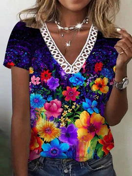 

Cotton-Blend V Neck Floral Tops, Multicolor, T-Shirts