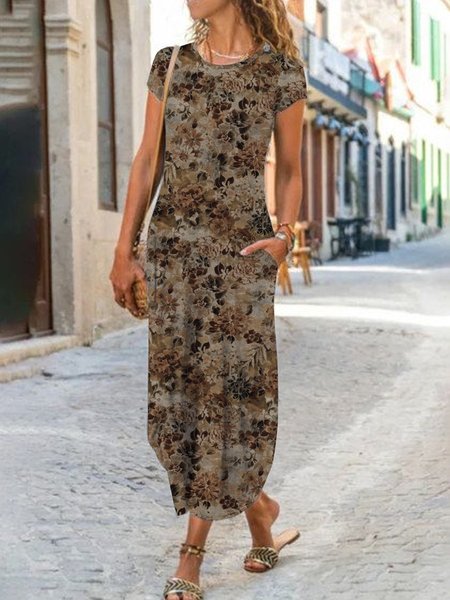 

Vintage flowers loose a hem Long Dress Plus Size, Camel, Dresses