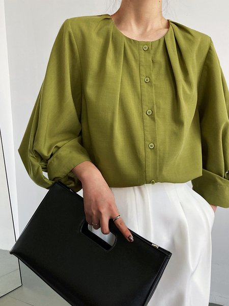 

Elegant Work Crew Neck Lantern Sleeve Plain Blouse, Green, Blouses and Shirts