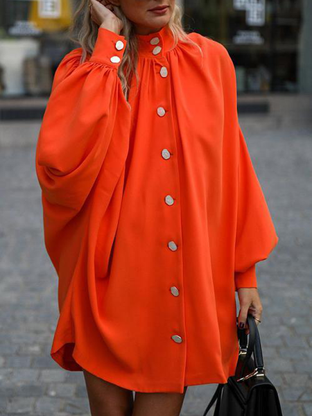 

Autumn A-Line Long sleeve Loose Urban Stand Collar Daily Dress, Orange red, Mini Dresses