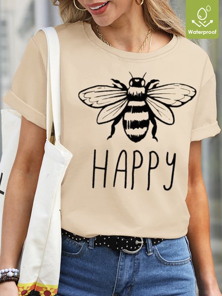

Womens Bee Happy Waterproof Oilproof And Stainproof Fabric T-Shirt, Apricot, T-shirts