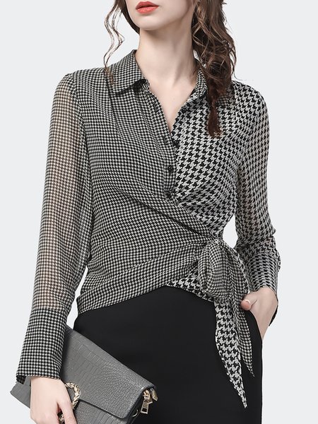

Elegant Houndstooth Long Sleeve Shirt Collar Blouse, Black, Blouses and Shirts