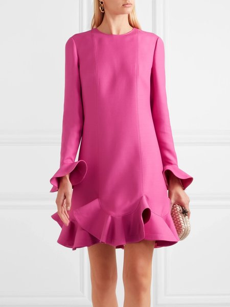 

Plain Crew Neck Elegant Long Sleeve Mini Dress, Rose red, Mini Dresses