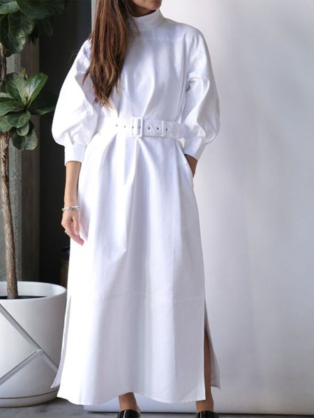 

Daily Long sleeve Regular Fit Urban Stand Collar Dress, White, Maxi Dresses