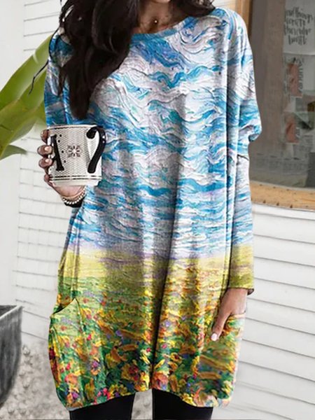 

Loose Crew Neck Landscape Painting T-Shirt, Multicolor, T-Shirts