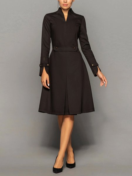 

Urban V Neck Plain Long Sleeve Knee Dress, Black, Midi Dresses