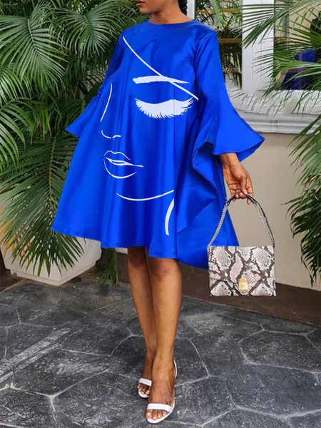 

Figure Urban Loose Long Sleeve Knee Dress, Blue, Mini Dresses