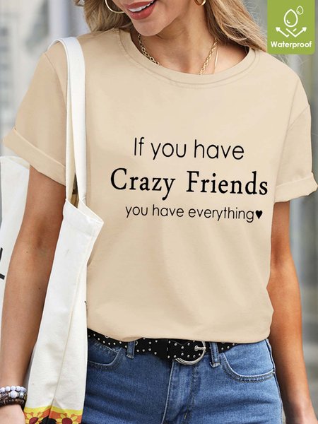 

Women Friendship Figure Waterproof Oilproof Stainproof Fabric Text Letters Loose T-Shirt, Apricot, T-shirts