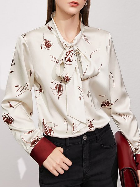 

Elegant Lace-up Floral Printed Long Sleeve Blouse, Red, Blouses and Shirts