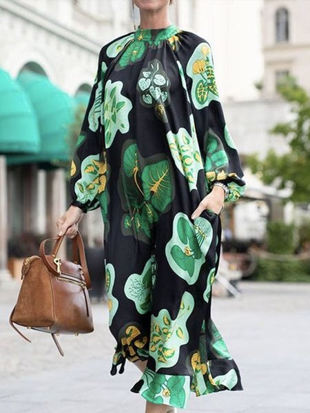

Daily Long sleeve Stand Collar Elegant Regular Fit Dress, Green, Maxi Dresses