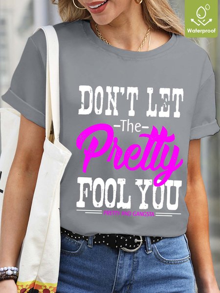 

Women Figure Pretty Waterproof Oilproof Stainproof Fabric Crew Neck Text Letters Loose T-Shirt, Gray, T-shirts
