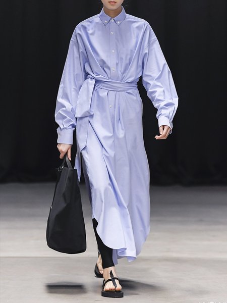 

Urban Work Plain Long Sleeve Shirt Collar Dress, Blue, Maxi Dresses