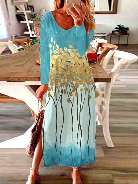 

Floral Crew Neck Casual Dresses, Blue, Dresses