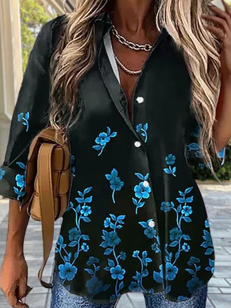 

Elegant Shirt Collar Floral Blouse, Black, Shirts & Blouses