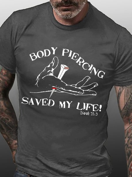 

Men Graphic Body Piercing Saved My Life Casual T-Shirt, Deep gray, T-shirts