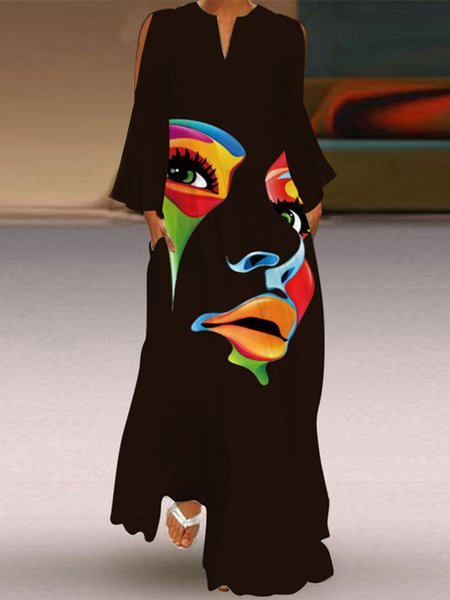 

Black V neck Daily Long sleeve Loose Painting Dress, Maxi Dresses
