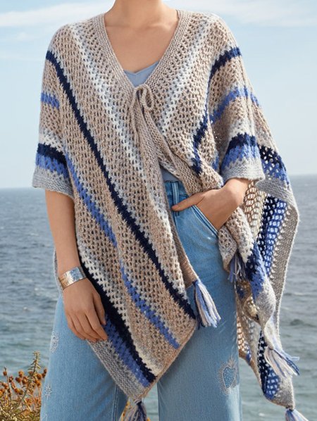

V Neck Striped Casual Sweater Coat, Multicolor, Cardigans