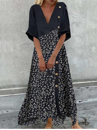 

Floral Loose V neck Casual Dresses, Navy blue, Dresses