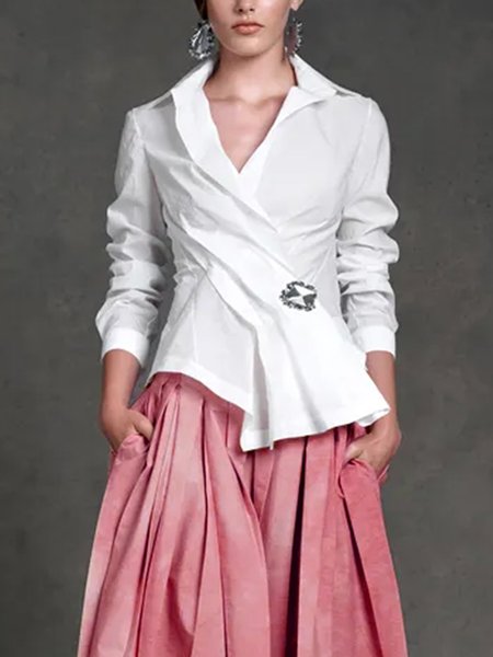 

Shirt Collar Regular Fit Urban Long Sleeve Blouse, White, Blouses and Shirts