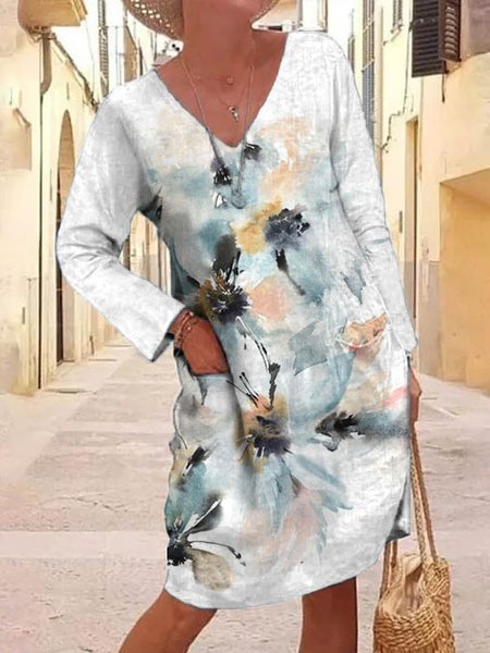 

Floral Loose V Neck Dresses, Multicolor, Dresses