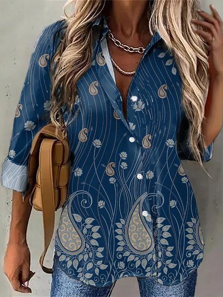 

Shirt Collar Cotton-Blend Ethnic Blouse, Blue, Shirts & Blouses