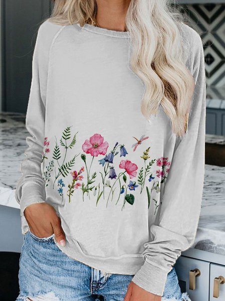 

Casual Floral Regular Fit Crew Neck Sweatshirts, Gray, Sweatshirts & Hoodies