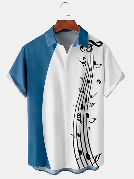

Men's Music Print Casual Breathable Hawaiian Short Sleeve Shirt, Blue, Men's Floral shirt