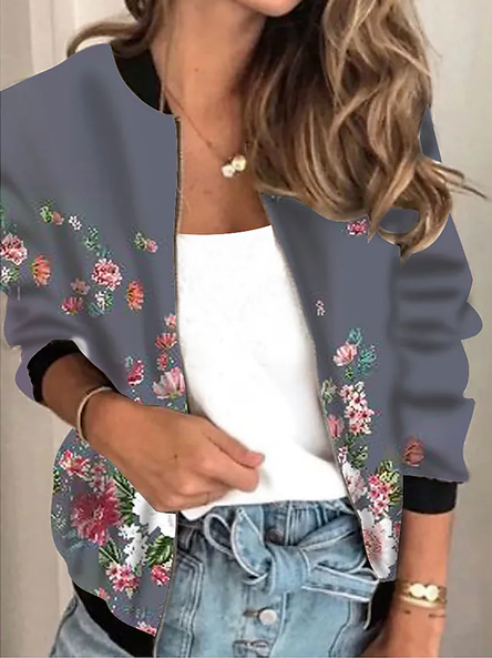 

Floral Crew Neck Casual Regular Fit Other Coat, Gray, Coats
