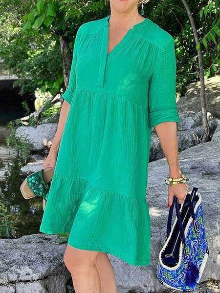 

Cotton linen plain High Waist midi Dress Plus Size, Green, Mini Dresses