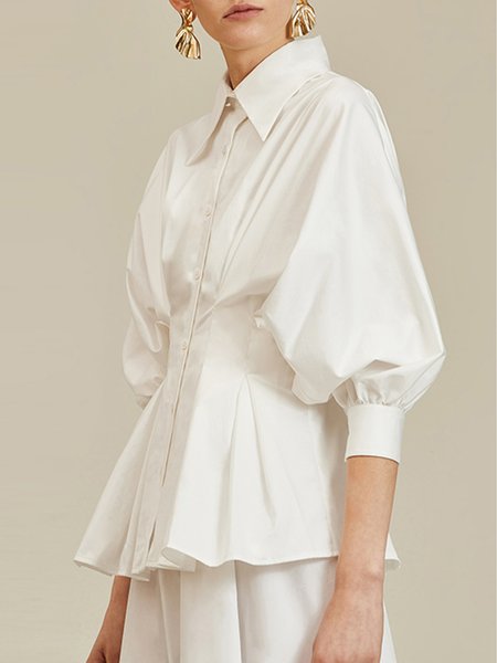 

Commuting Three Quarter Gathered Shirt Collar Blouse, White, Blouses and Shirts