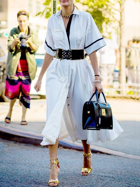 

Urban Color Block Half Sleeve Shirt Dress, White, Midi Dresses