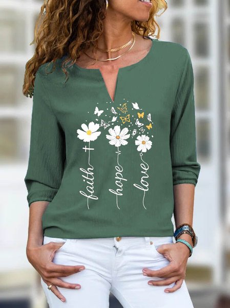 

Casual Floral V Neck Tops, Green, Tops