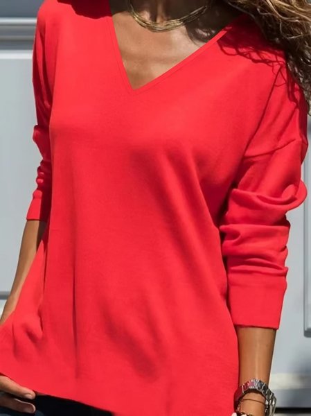 

JFN V Neck Plain Autumn Casual Daily Loose T-shirt, Red, T-Shirts