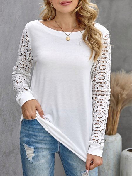 

Casual Crew Neck Lace T-Shirt, White, T-Shirts