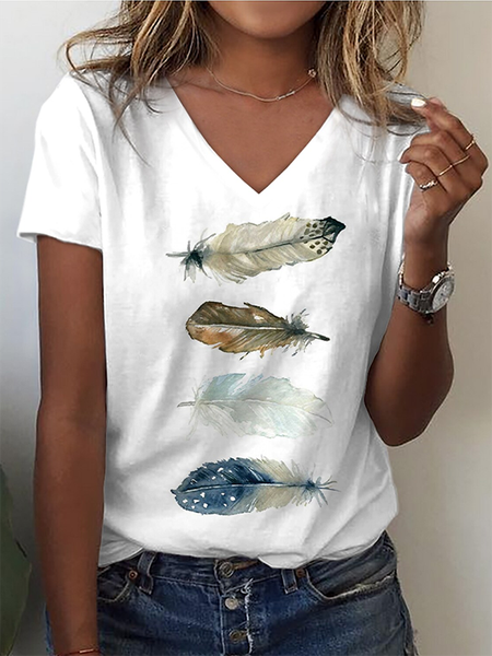 Feather Pattern V Neck Casual T Shirt