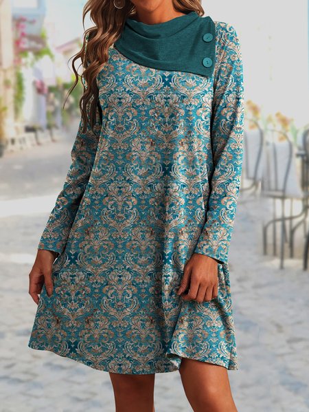 

Casual Ethnic Floral Design Loose Long Sleeve Knit Dress, Green, Dresses