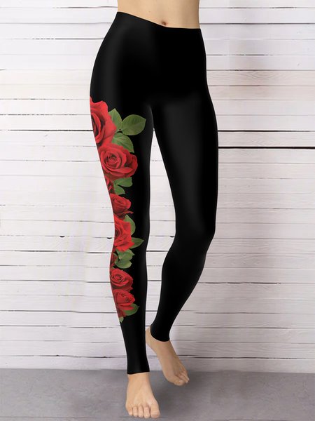 

Casual Floral Leggings, Black, leggings