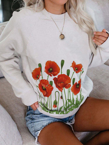 Floral Casual Crew Neck Regular Fit Sweatshirts, White, Sweatshirts & Hoodies