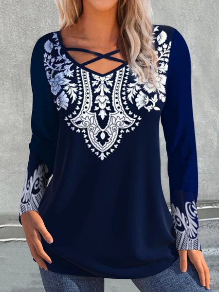 

Casual Orientation Ethnic Print Long Sleeve Knit Top, Blue, Shirts & Blouses