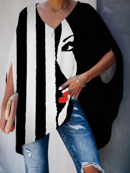 

Daily Black V neck Loose Urban Striped Top, Blouses and Shirts
